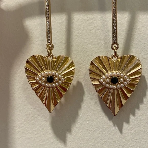 Gold Heart Drop Earrings - Picture 2 of 3